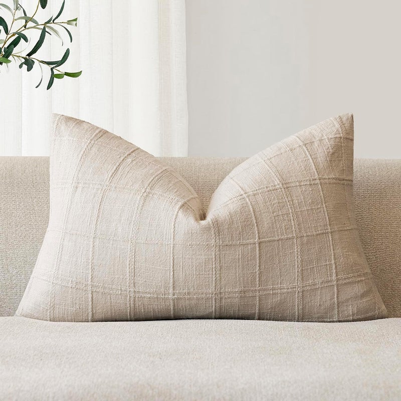 Foindtower Set of 1 Decorative Linen Check Throw Pillow Cover Neutral Farmhouse Lumbar Cushion Cover Modern Boho Home Decor for Sofa Chair Couch Bedroom Living Room,12×24 Inch,Natural Beige - Image 1