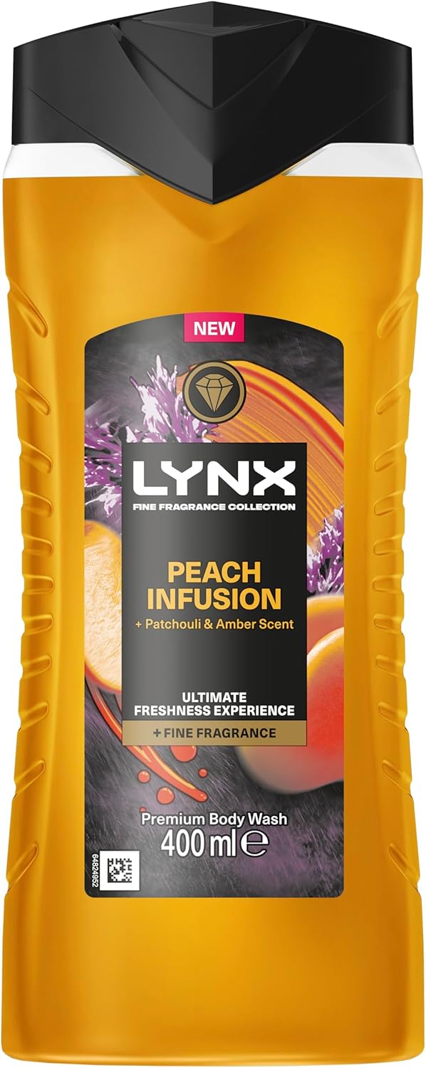 Lynx Fine Fragrance Collection Peach Infusion Premium Body Wash Shower Gel with a peach patchouli amber scent for 12 hours of freshness 400 ml