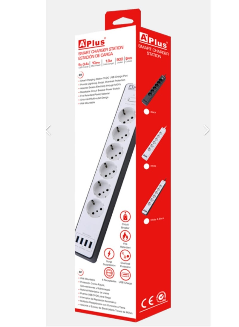 APLUS A smart electrical strip with a capacity of 10 amps, equipped with fire protection and a power disconnect circuit, equipped with 6 electrical outlets, equipped with a smart charging station for smart devices, 4 charging outlets. - Image 5
