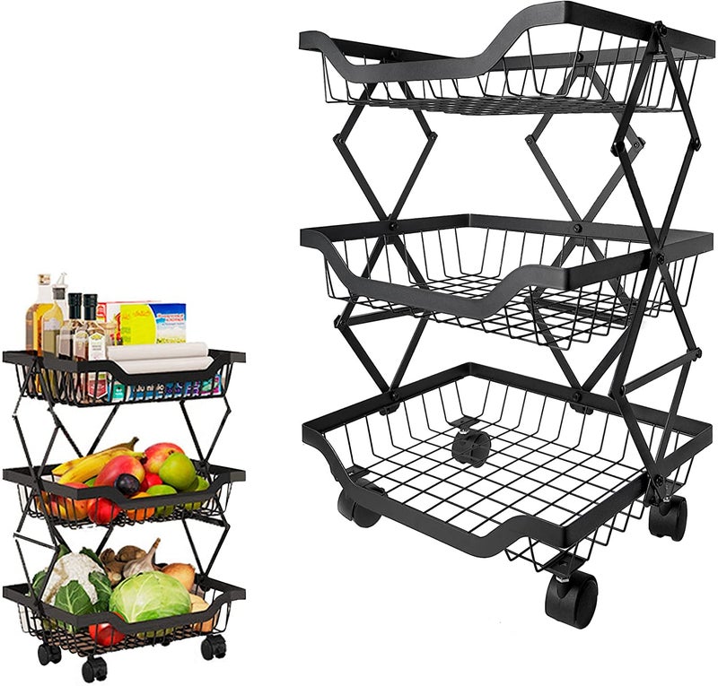 Mokshith Storage Basket Stacking Wire Basket with Wheels Stackable Rolling Fruit Basket Storage Rack with Casters Kitchen Utility Rack Pantry Bathroom Laundry Room 3 Tier