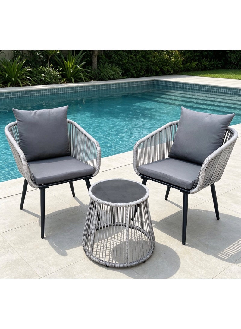 YIYAN 3-Piece Indoor-Outdoor Bistro Set with Gray Wicker Chairs & Glass Coffee Table for Balcony, Patio & Apartment Use - Image 1