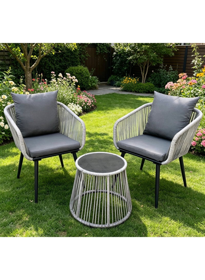 YIYAN 3-Piece Indoor-Outdoor Bistro Set with Gray Wicker Chairs & Glass Coffee Table for Balcony, Patio & Apartment Use - Image 3