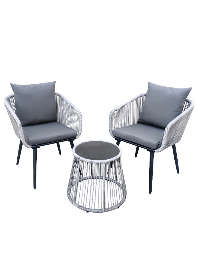 YIYAN 3-Piece Indoor-Outdoor Bistro Set with Gray Wicker Chairs & Glass Coffee Table for Balcony, Patio & Apartment Use - Image 5