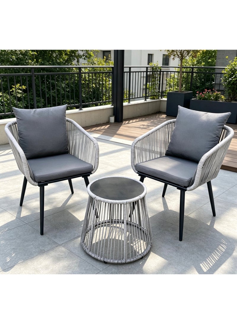 YIYAN 3-Piece Indoor-Outdoor Bistro Set with Gray Wicker Chairs & Glass Coffee Table for Balcony, Patio & Apartment Use - Image 4