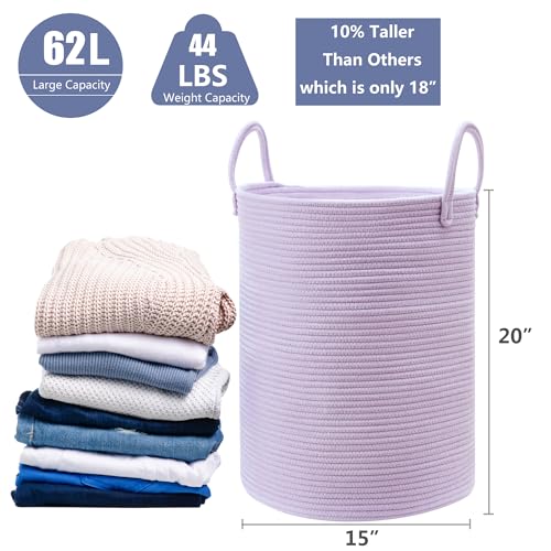 MOJOSCEND 62L Large Purple Hamper Laundry Basket for Nursery Kids Tall Lavender Blanket Basket for Girls Cotton Rope Lilac Clothes Hamper in Bedroom 15Dx20H inches - Image 2