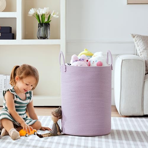 MOJOSCEND 62L Large Purple Hamper Laundry Basket for Nursery Kids Tall Lavender Blanket Basket for Girls Cotton Rope Lilac Clothes Hamper in Bedroom 15Dx20H inches - Image 5