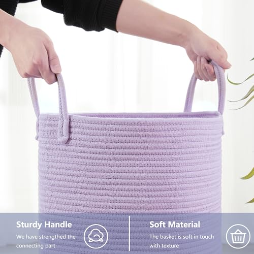 MOJOSCEND 62L Large Purple Hamper Laundry Basket for Nursery Kids Tall Lavender Blanket Basket for Girls Cotton Rope Lilac Clothes Hamper in Bedroom 15Dx20H inches - Image 4