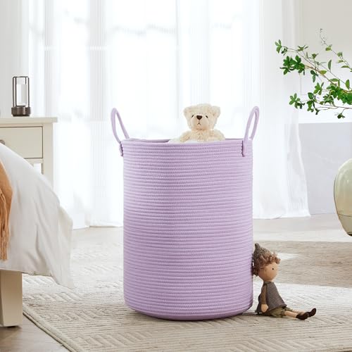 MOJOSCEND 62L Large Purple Hamper Laundry Basket for Nursery Kids Tall Lavender Blanket Basket for Girls Cotton Rope Lilac Clothes Hamper in Bedroom 15Dx20H inches - Image 3