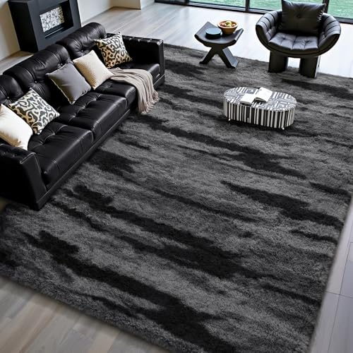 HOMORE 4x6 Area Rug for Bedroom Black and Grey Fluffy Shaggy Rugs for Living Room Gradient Abstract Rugs for Kids Boys Girls Room Plush Rug for Dorm Home Floor Decor - Image 1