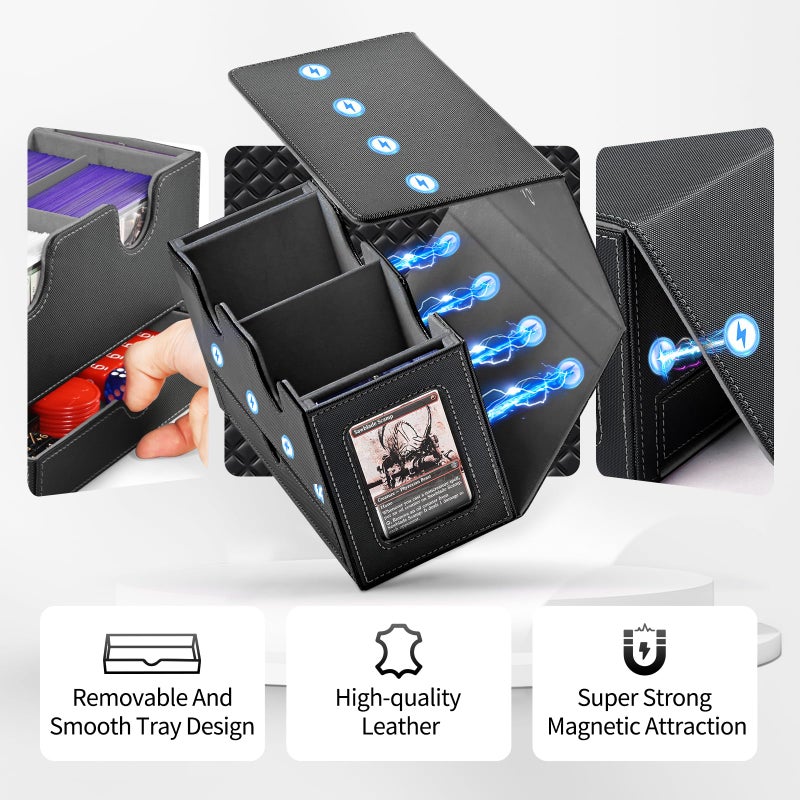 UAONO Card Deck Box for MTG, Double Storage Box with 2 Commander Display & 1 Dice Tray, Fits 200+ Double Sleeved, Organizer for CCG TCG Sports(Black Gray) - Image 5