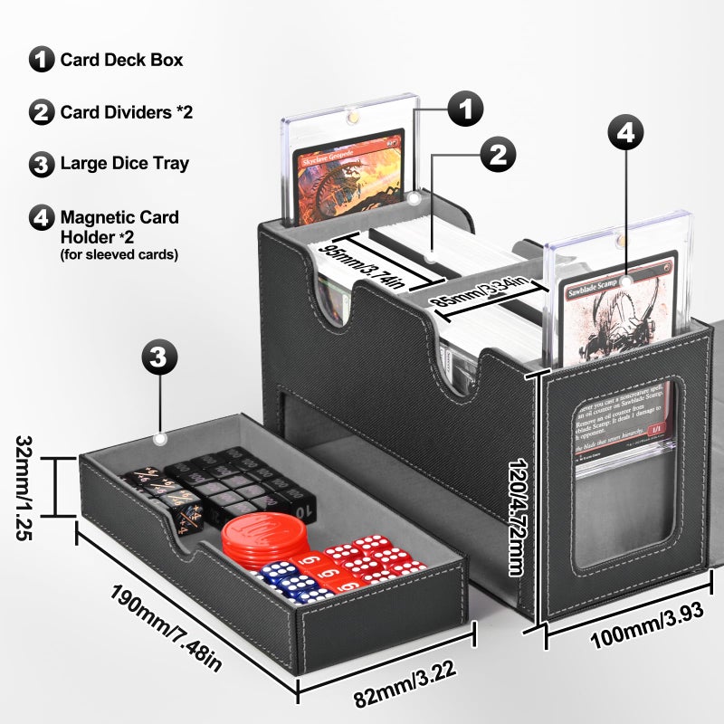 UAONO Card Deck Box for MTG, Double Storage Box with 2 Commander Display & 1 Dice Tray, Fits 200+ Double Sleeved, Organizer for CCG TCG Sports(Black Gray) - Image 3