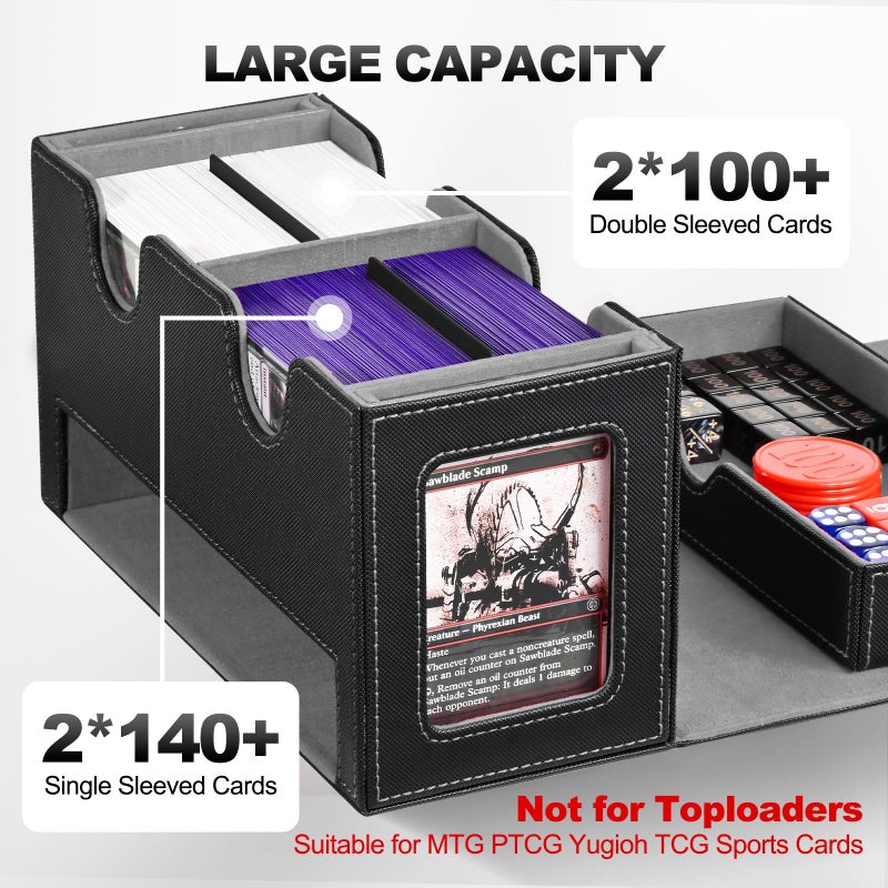UAONO Card Deck Box for MTG, Double Storage Box with 2 Commander Display & 1 Dice Tray, Fits 200+ Double Sleeved, Organizer for CCG TCG Sports(Black Gray) - Image 4