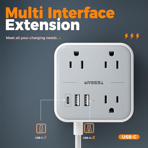 TESSAN Ultra Thin Flat Extension Cord 5 FT, Slim Power Strip with USB Ports (1 USB C), Surge Protector Flat Plug Wall Charger with 3 Outlets for Office, School, Dorm Room Essentials - Image 5