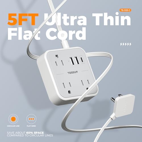 TESSAN Ultra Thin Flat Extension Cord 5 FT, Slim Power Strip with USB Ports (1 USB C), Surge Protector Flat Plug Wall Charger with 3 Outlets for Office, School, Dorm Room Essentials - Image 4