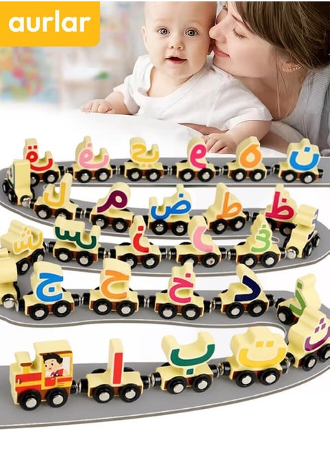 Wooden Magnetic Train Toy, 29 PCS Alphabet Train Set for Toddlers, Educational Arabic Alphabet Learning Toy, Preschool Learning Gift for Boys and Girls