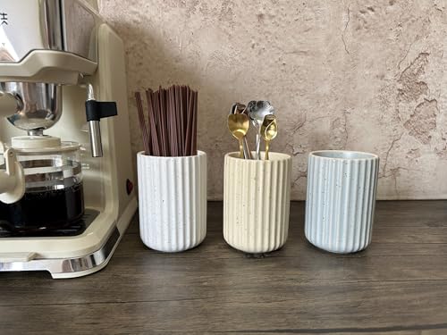 TOPYOKK Stoneware Coffee Bar Utensil Holder Tea & Coffee Spoon & Stirrer Holder for Stir Stick Straw Teaspoon Holder Spoon Cup Small Utensil Jar Fluted Vertical Stripe (Speckled Beige) - Image 2