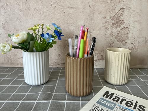 TOPYOKK Stoneware Coffee Bar Utensil Holder Tea & Coffee Spoon & Stirrer Holder for Stir Stick Straw Teaspoon Holder Spoon Cup Small Utensil Jar Fluted Vertical Stripe (Speckled Beige) - Image 4