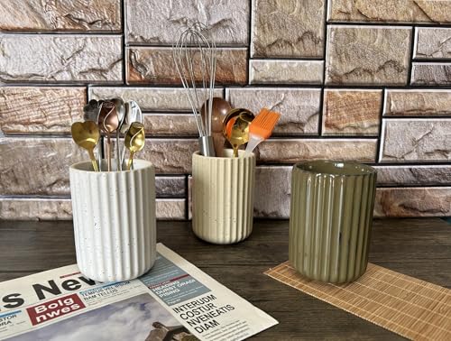 TOPYOKK Stoneware Coffee Bar Utensil Holder Tea & Coffee Spoon & Stirrer Holder for Stir Stick Straw Teaspoon Holder Spoon Cup Small Utensil Jar Fluted Vertical Stripe (Speckled Beige) - Image 3