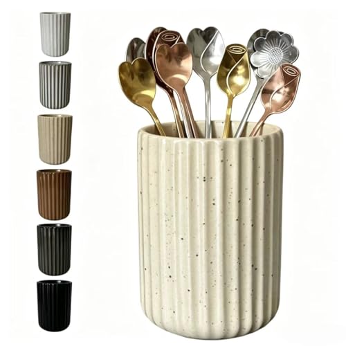 TOPYOKK Stoneware Coffee Bar Utensil Holder Tea & Coffee Spoon & Stirrer Holder for Stir Stick Straw Teaspoon Holder Spoon Cup Small Utensil Jar Fluted Vertical Stripe (Speckled Beige) - Image 1