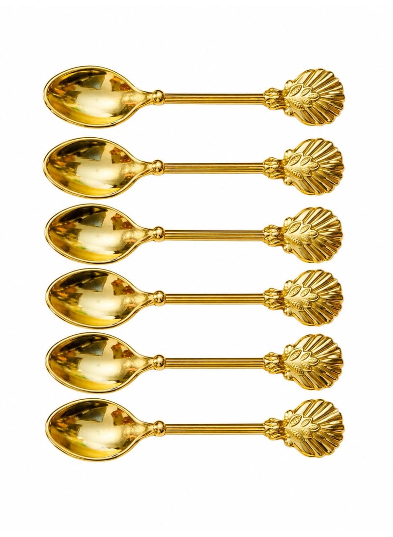 Premium 6-Piece Golden Stainless Steel Dessert and Tea Spoons Set - Vintage Royal Espresso Miniature Spoons with Carved Shell Handle Design - Image 1