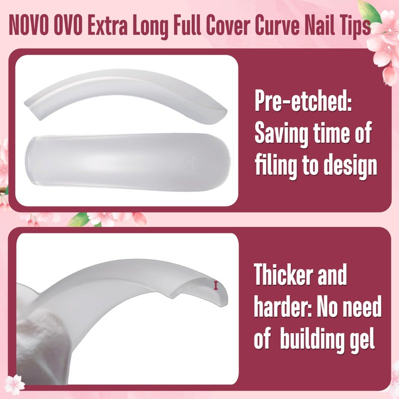 NOVO OVO Halloween Curved Nail Tips Press on Full Cover, Extra Curve Square Gel x Thick Long XL XXL Acrylic Fake Nails Extension kit, Clear Pre-etched French False Nail 12 Sizes 240pc QUEEN SQUARE PRO - Image 3