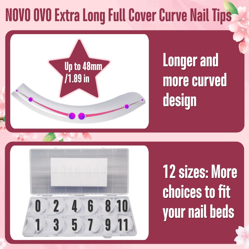 NOVO OVO Halloween Curved Nail Tips Press on Full Cover, Extra Curve Square Gel x Thick Long XL XXL Acrylic Fake Nails Extension kit, Clear Pre-etched French False Nail 12 Sizes 240pc QUEEN SQUARE PRO - Image 4