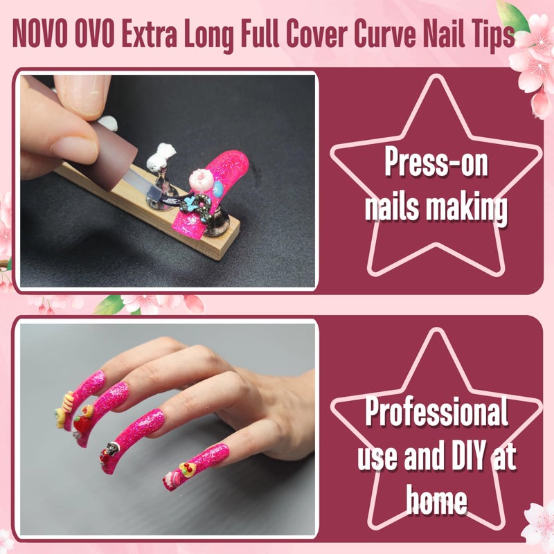 NOVO OVO Halloween Curved Nail Tips Press on Full Cover, Extra Curve Square Gel x Thick Long XL XXL Acrylic Fake Nails Extension kit, Clear Pre-etched French False Nail 12 Sizes 240pc QUEEN SQUARE PRO - Image 2