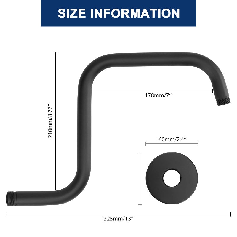 NearMoon S Shape Shower Extension Arm with Flange, Stainless Steel High Rise Shower Head Extender Pipe, Horizontal Extension Standard 1/2" Connection- Bathroom Accessory, 13 Inch (Matte Black) - Image 2