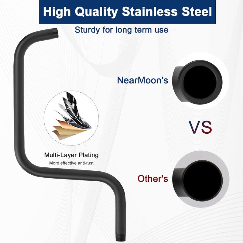 NearMoon S Shape Shower Extension Arm with Flange, Stainless Steel High Rise Shower Head Extender Pipe, Horizontal Extension Standard 1/2" Connection- Bathroom Accessory, 13 Inch (Matte Black) - Image 3