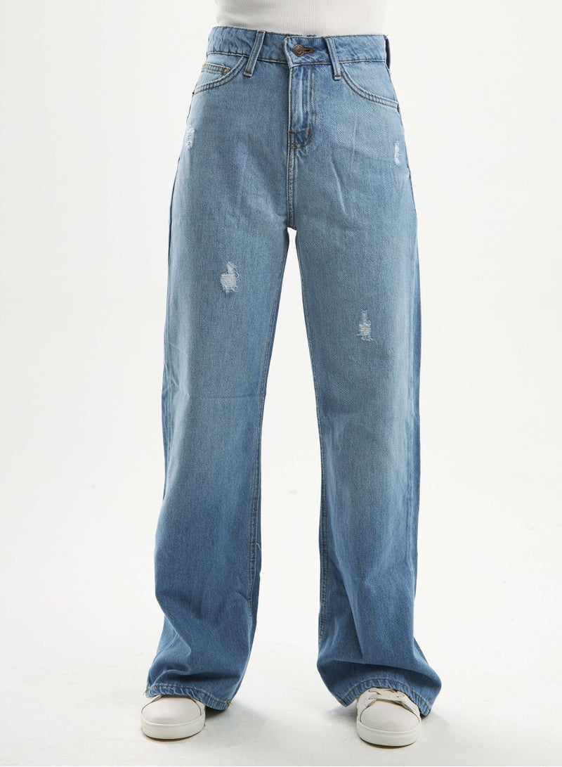 CIZARO High-Waist Light Wash Degrade Ripped Straight Wide Leg Jeans. - Image 4