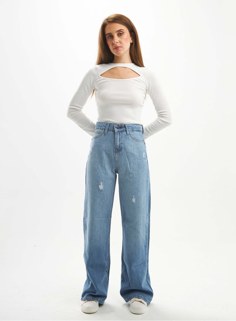 CIZARO High-Waist Light Wash Degrade Ripped Straight Wide Leg Jeans. - Image 1