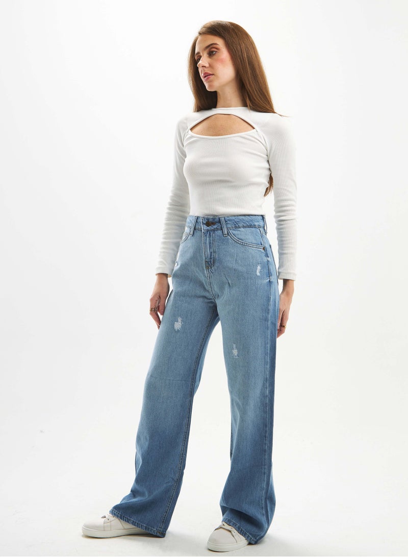 CIZARO High-Waist Light Wash Degrade Ripped Straight Wide Leg Jeans. - Image 2