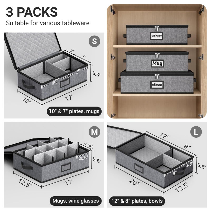 MISSLO Large Capacity China Storage Containers Hard Shell Plate Storage Containers, Kitchen Packing Moving Boxes for Dishes, Dinnerwares, Mugs Protectors, Grey, 3 Piece Set - Image 3