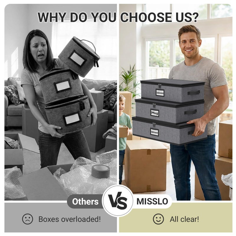 MISSLO Large Capacity China Storage Containers Hard Shell Plate Storage Containers, Kitchen Packing Moving Boxes for Dishes, Dinnerwares, Mugs Protectors, Grey, 3 Piece Set - Image 5