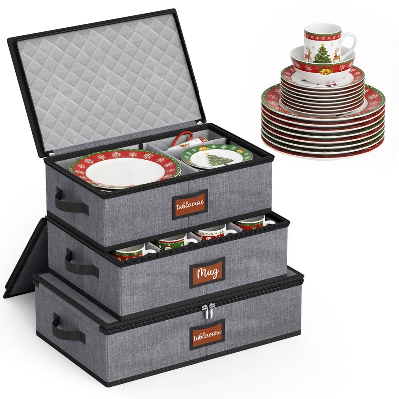 MISSLO Large Capacity China Storage Containers Hard Shell Plate Storage Containers, Kitchen Packing Moving Boxes for Dishes, Dinnerwares, Mugs Protectors, Grey, 3 Piece Set - Image 1