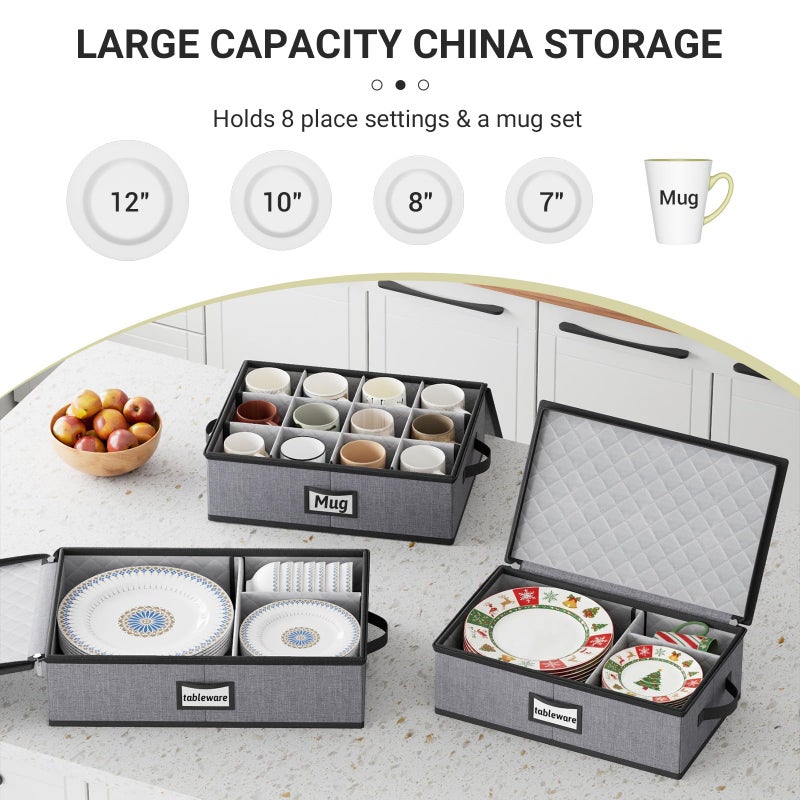 MISSLO Large Capacity China Storage Containers Hard Shell Plate Storage Containers, Kitchen Packing Moving Boxes for Dishes, Dinnerwares, Mugs Protectors, Grey, 3 Piece Set - Image 2