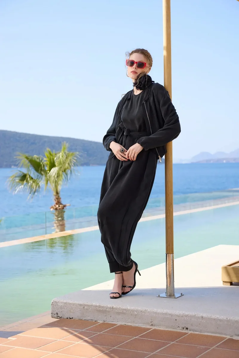 MissWhence Belted Jumpsuit and Zip-Front Jacket Set - Black