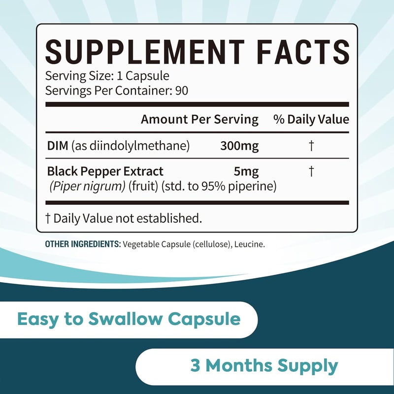 Surebounty مكمل DIM 300 ملغ للنساء والرجال توازن الاستروجين توازن الهرمونات دعم انقطاع الطمث الحفاظ على الطاقة امتصاص عالي مع مستخلص الفلفل الأسود 90 كبسولة - Image 4