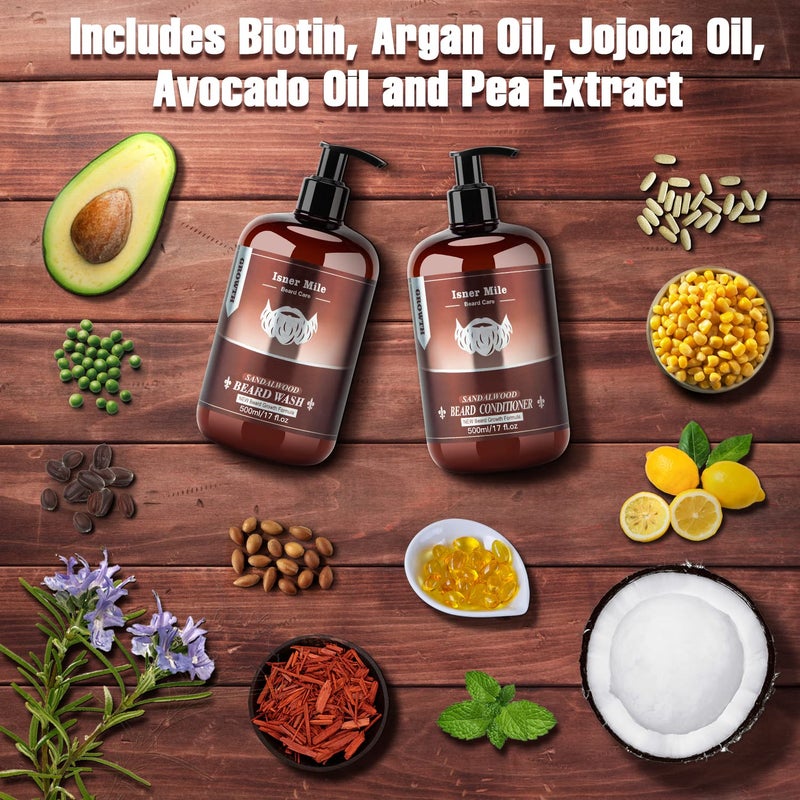 ISNER MILE Beard Wash & Conditioner Set for Men - 17 oz Shampoo with Biotin, Argan & Jojoba Oils for Smooth, Soft, and Strengthened Beard - Sandalwood Scented Grooming Gift - Image 3