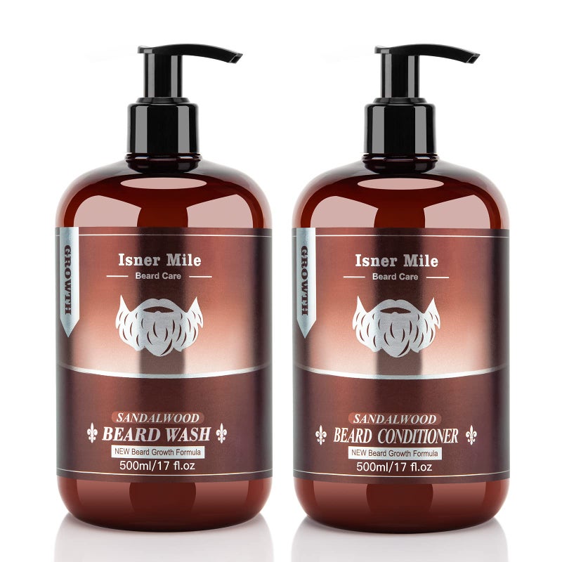 ISNER MILE Beard Wash & Conditioner Set for Men - 17 oz Shampoo with Biotin, Argan & Jojoba Oils for Smooth, Soft, and Strengthened Beard - Sandalwood Scented Grooming Gift - Image 1