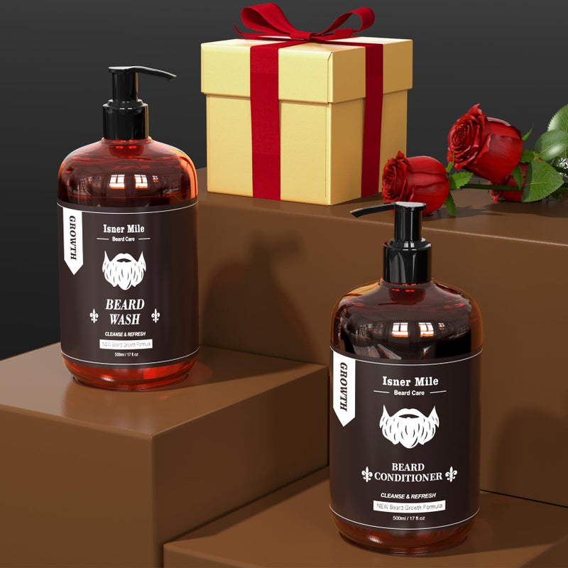 ISNER MILE Beard Wash & Conditioner Set for Men - 17 oz Shampoo with Biotin, Argan & Jojoba Oils for Smooth, Soft, and Strengthened Beard - Sandalwood Scented Grooming Gift - Image 2