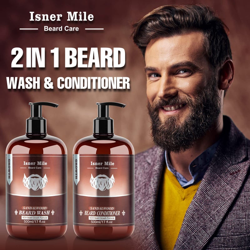 ISNER MILE Beard Wash & Conditioner Set for Men - 17 oz Shampoo with Biotin, Argan & Jojoba Oils for Smooth, Soft, and Strengthened Beard - Sandalwood Scented Grooming Gift - Image 4