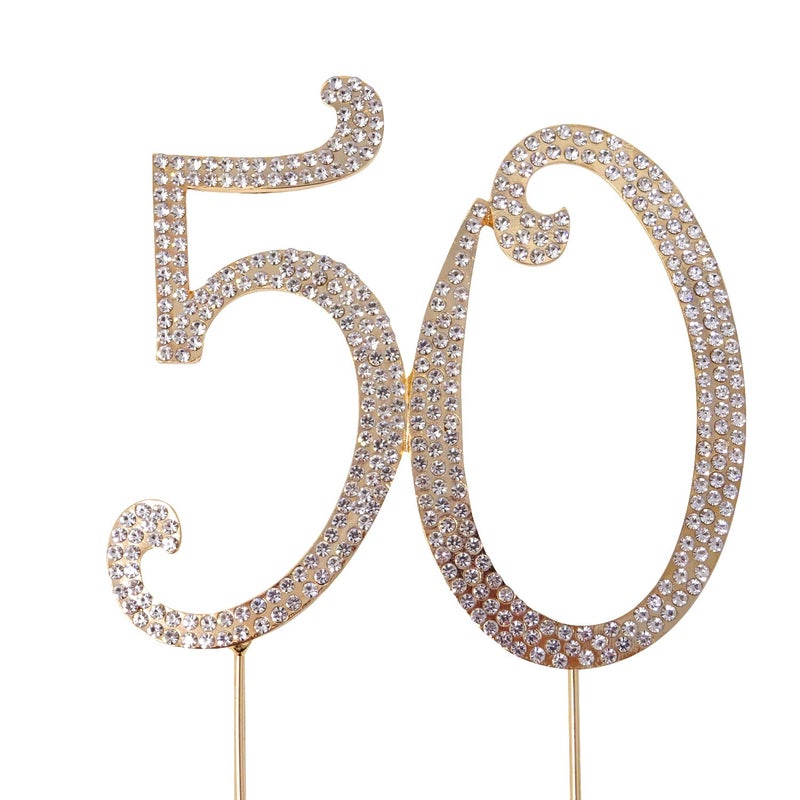 Honbay 50 Birthday Cake Topper Sparkly Bling Alloy Crystal Rhinestones Cake Topper Cake Decoration for 50th Birthday or Anniversary Party (Gold) - Image 1