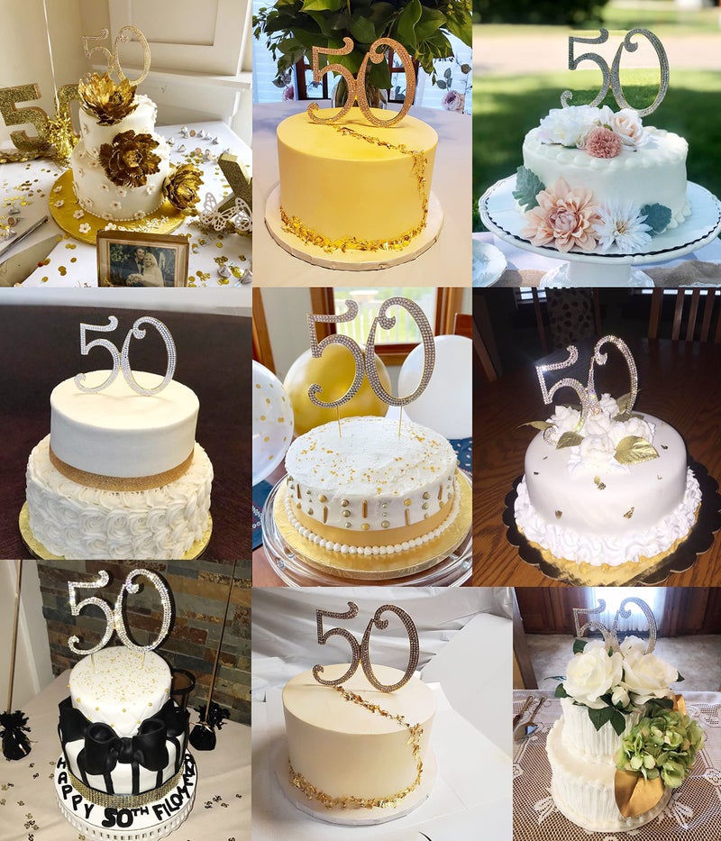 Honbay 50 Birthday Cake Topper Sparkly Bling Alloy Crystal Rhinestones Cake Topper Cake Decoration for 50th Birthday or Anniversary Party (Gold) - Image 4