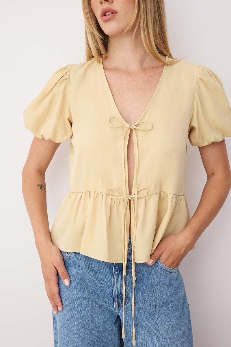 trendyol Yellow Tie-Down Woven Shirt - Image 3