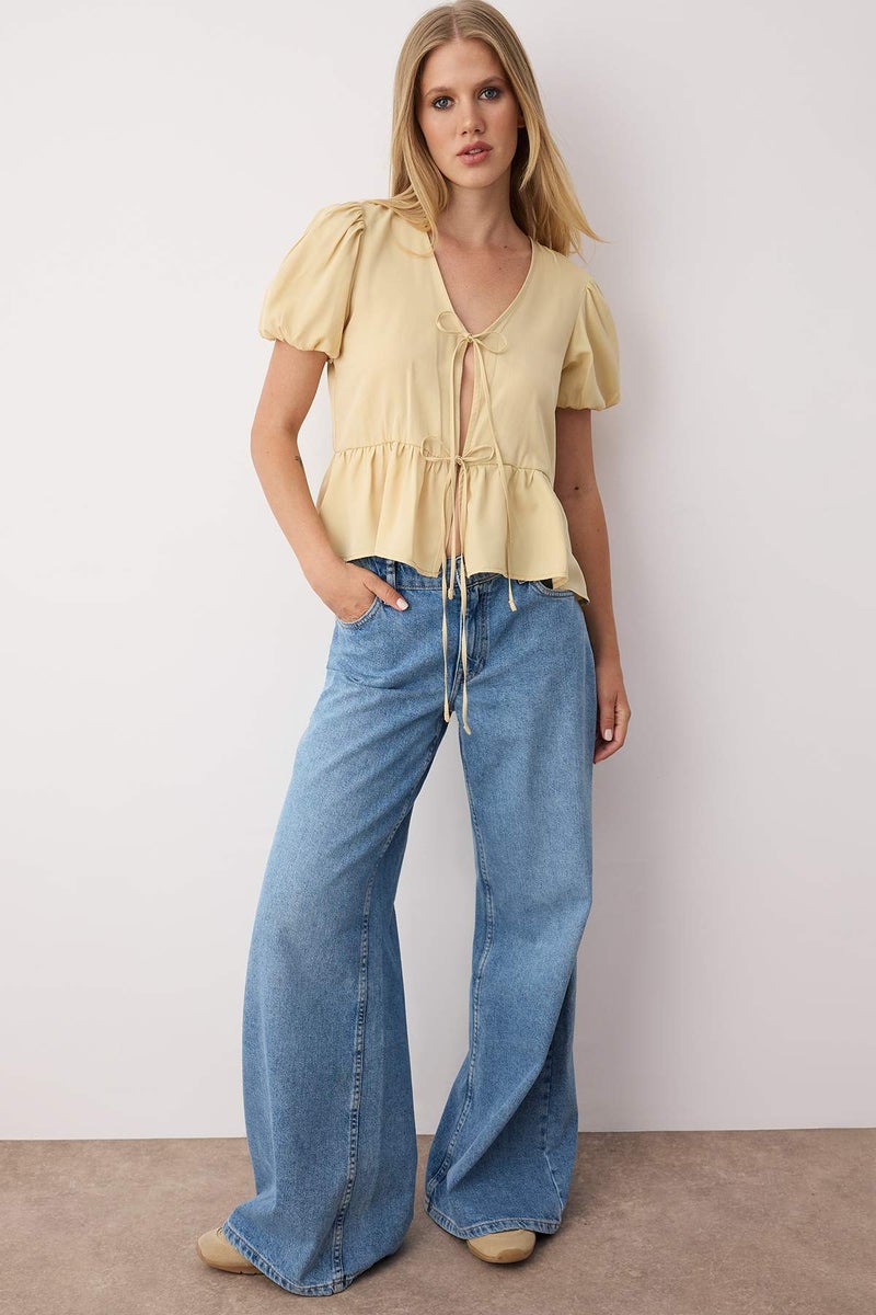 trendyol Yellow Tie-Down Woven Shirt - Image 2