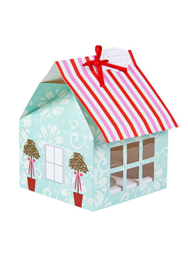 Restaurantware Pastry Tek 6 Inch x 7.8 Inch Cupcake Gift Boxes, 100 Fits 4 Cupcake Favor Boxes - House, Cupcake Inserts, Pink And Blue Paper Treat Boxes With Window, For Weddings Or Parties  - Image 1