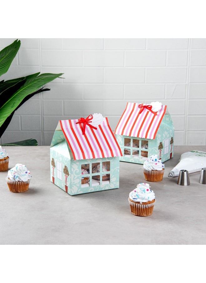 Restaurantware Pastry Tek 6 Inch x 7.8 Inch Cupcake Gift Boxes, 100 Fits 4 Cupcake Favor Boxes - House, Cupcake Inserts, Pink And Blue Paper Treat Boxes With Window, For Weddings Or Parties  - Image 3
