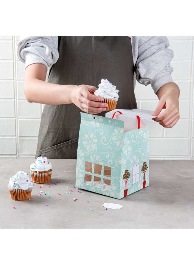 Restaurantware Pastry Tek 6 Inch x 7.8 Inch Cupcake Gift Boxes, 100 Fits 4 Cupcake Favor Boxes - House, Cupcake Inserts, Pink And Blue Paper Treat Boxes With Window, For Weddings Or Parties  - Image 5