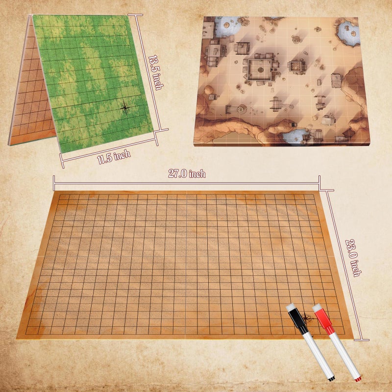 CZYY DND Foldable Mat Dry Erase TTRPG Map Grassland & Desert Two-Sided Cardboard Terrain 27x23 Inches with Square Grid - Portable, Reusable Game Board for D&D, Pathfinder and Tabletop RPGs (Style A) - Image 4